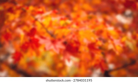 A soft focus abstract background featuring a dense cluster of vibrant red and orange maple leaves captured in a blurred outdoor autumn forest setting