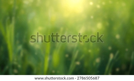 A soft focus abstract background featuring blurred green grass blades in a meadow illuminated by warm golden sunlight with glowing bokeh particles