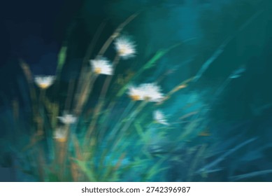 Soft focus abstract image of delicate white flowers with blurred green stems against a dark, moody teal backdrop.