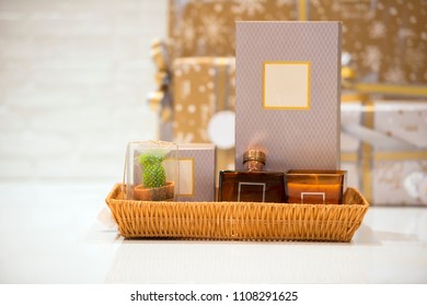 Soft Focus And Background Blurred Gift Baskets, Gift Set .Holiday And Christmas And New Year Present Concept