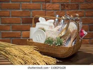 Soft Focus And Background Blurred Gift Baskets, Gift Set .Holiday And Christmas And New Year Present Concept