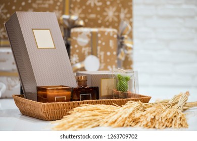 Soft Focus And Background Blurred Gift Baskets, Gift Set .Holiday And Christmas And New Year Present Concept