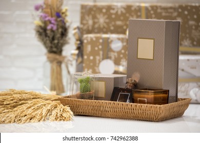 Soft Focus And Background Blurred Gift Baskets, Gift Set .Holiday And Christmas And New Year Present Concept