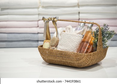 Soft Focus And Background Blurred Gift Baskets, Gift Set .Holiday And Christmas And New Year Present Concept