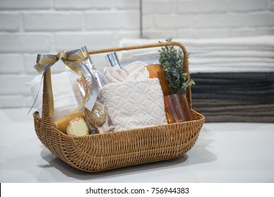 Soft Focus And Background Blurred Gift Baskets, Gift Set .Holiday And Christmas And New Year Present Concept