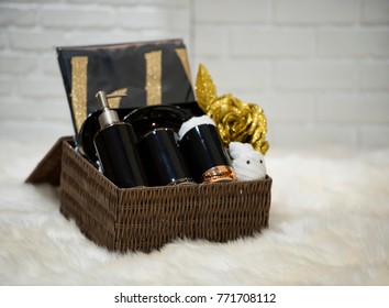 Soft Focus And Background Blurred Gift Baskets, Gift Set .Holiday And Christmas And New Year Present Concept