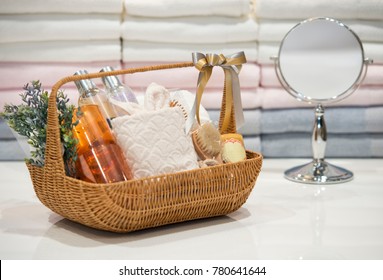 Soft Focus And Background Blurred Gift Baskets, Gift Set .Holiday And Christmas And New Year Present Concept