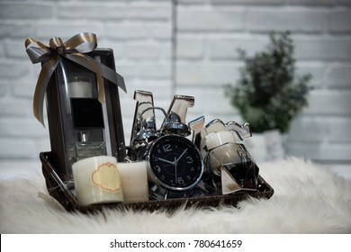 Soft Focus And Background Blurred Gift Baskets, Gift Set .Holiday And Christmas And New Year Present Concept