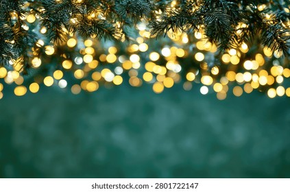 A soft focus background featuring glowing golden Christmas lights strung along evergreen branches, creating a bokeh effect on a dark green backdrop.