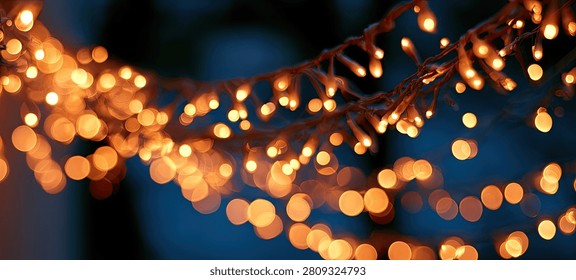 Soft focus background with numerous warm orange bokeh lights creating a festive and magical atmosphere against a deep blue backdrop.