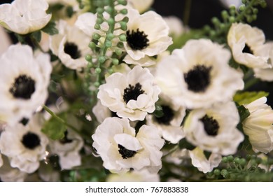 Soft focus background of white flowes with green stilks and blades.