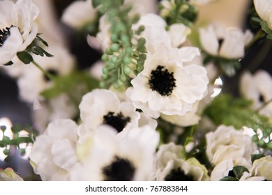 Soft focus background of white flowes with green stilks and blades.