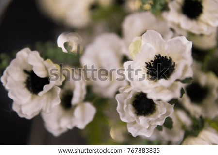 Soft focus background of white flowes with green stilks and blades.