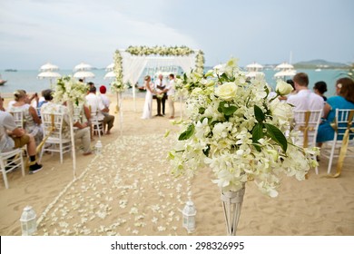 soft focus of beautiful flower decoration in the beach wedding ceremony