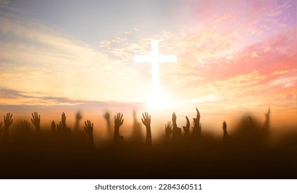 soft focus of Christian worship with raised hand on white cross background - Shutterstock ID 2284360511
