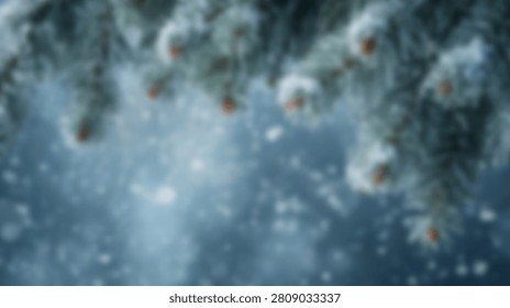 A soft focus close-up captures a winter scene with a snow-laden pine branch adorned with small red berries, while snowflakes gently fall around it.