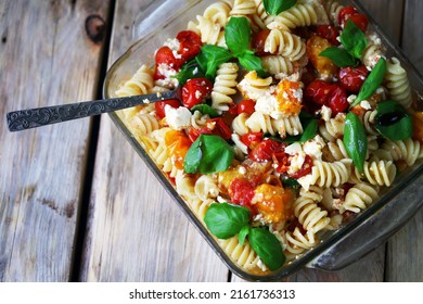 Soft Focus. Feta Tomato Pasta In A Bowl.