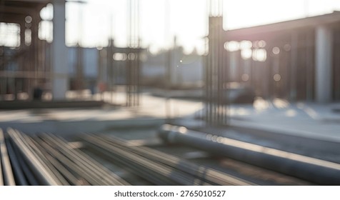 A soft focus image of a construction site, highlighting steel pipes and building materials in the foreground, with the structure of a building under construction blurred in the background, suggesting.