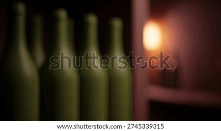 A soft focus image of several empty green wine bottles lined up in a dimly lit wine cellar, with a glowing light creating a warm ambiance in the distance.