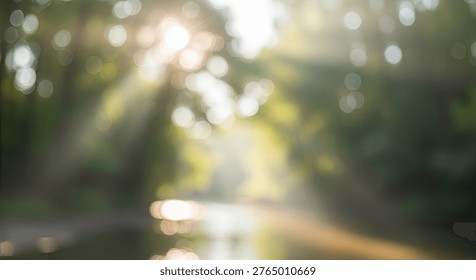 A soft focus image of sunlight filtering through green foliage, creating a beautiful and ethereal bokeh effect with bright, shimmering lights and a gentle, natural glow.