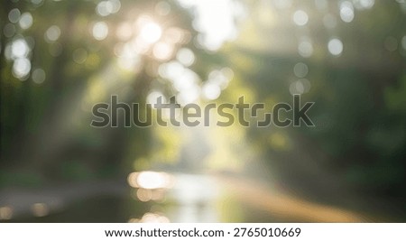 A soft focus image of sunlight filtering through green foliage, creating a beautiful and ethereal bokeh effect with bright, shimmering lights and a gentle, natural glow.