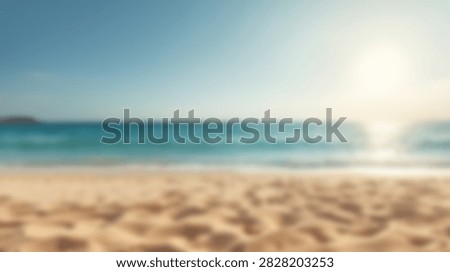 A soft focus, impressionistic view of a serene tropical beach. The foreground features sandy footprints leading towards the gentle, turquoise ocean waves under a bright, sunny sky.