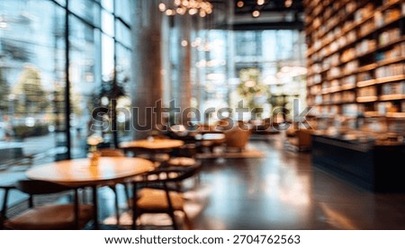 Soft focus interior of library cafe with bookshelves and tables