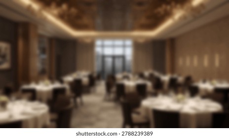 A soft focus interior shot of a spacious banquet hall featuring multiple round tables arranged for a formal event in a contemporary hotel setting