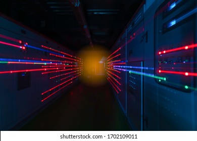 Soft focus of light motion on Electrical Room, Low Voltage motor control center cabinet  in coal power plant at nighttime.