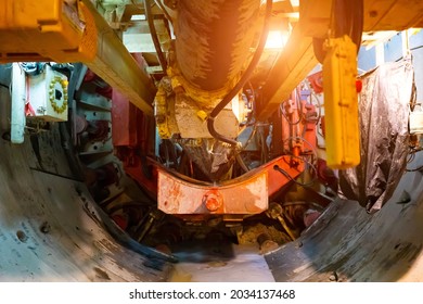 Soft Focus Of Machine Of Technician Control Underground Tunnel Construction At Working Shaft To Maintenance.Transport Pipeline By Tunnel Boring Machine(TBM) Method For Train.