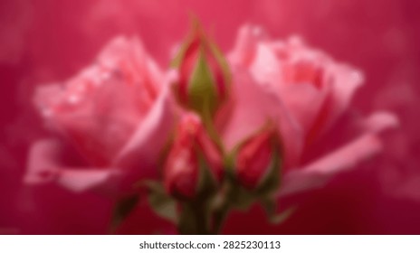 A soft focus macro shot of several pink rose buds and a partially opened rose, adorned with tiny water droplets, set against a blurred pink background.