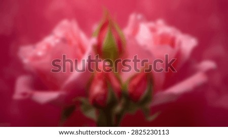 A soft focus macro shot of several pink rose buds and a partially opened rose, adorned with tiny water droplets, set against a blurred pink background.