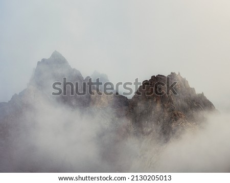 Soft focus. Mountains in a dense fog. Mystical landscape with beautiful sharp rocks in low clouds. Beautiful mountain foggy scenery on abyss edge with sharp stones.