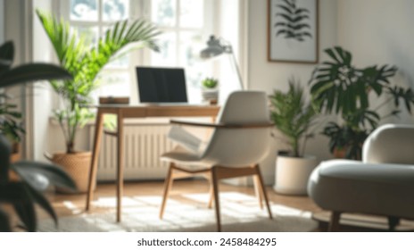 Soft focus on a home office setup with stylish furnishings and indoor plants. Resplendent. - Powered by Shutterstock