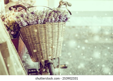 Soft focus on winter flower bicycle - vintage and snow effect - Powered by Shutterstock