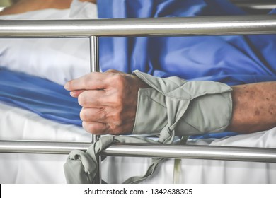 soft focus, Patient restraint on a hospital bed. - Shutterstock ID 1342638305