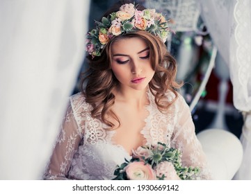 Soft Focus Portrait Of Beautiful Bride With Wedding Hairstyle And Makeup