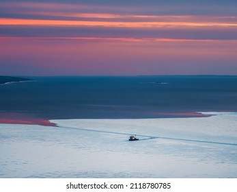 Soft Focus. Scientific Research Vessel, Breaks Its Way In The Ice Of The White Sea. View From Above.