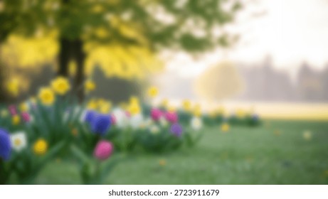 Soft Focus Spring Meadow With Daffodils And Tulips At Dawn.
