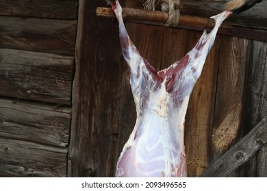 Soft Focus. Street Lighting. A Man With A Knife Removes The Skin From A Dead Animal. Rural Area