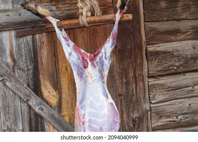 Soft Focus. Street Lighting. A Man With A Knife Removes The Skin From A Dead Animal. Rural Area