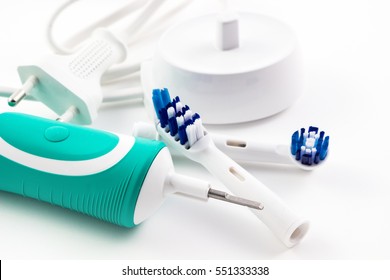 soft focus toothbrush electric, Dental care tools on white background.