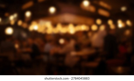 A soft focus view of a crowded restaurant interior featuring warm golden bokeh lights and indistinct silhouettes of patrons in a dark setting