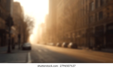 A soft focus view of an empty urban street lined with buildings and parked cars during a warm golden sunrise.