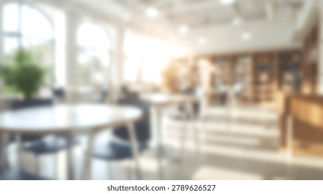A soft focus view of a library interior featuring round tables and chairs set against a background of wooden bookshelves and bright natural light