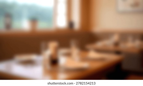 A soft focus view of a restaurant dining room featuring wooden tables and chairs arranged in a warm indoor setting with natural light from a window