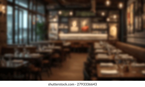A soft focus view of a restaurant dining area featuring rows of wooden tables and chairs set for dinner in a dimly lit indoor environment