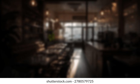 A soft focus view of a restaurant interior featuring wooden tables and chairs with warm ambient lighting in a dark and cozy setting