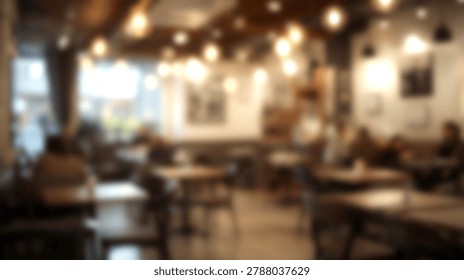 A soft focus view of a restaurant interior featuring wooden furniture and warm ambient lighting creating a blurred atmosphere in a public dining space