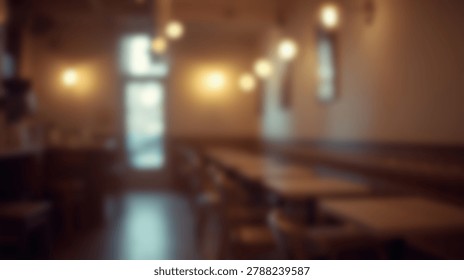 A soft focus view of a restaurant interior featuring empty tables and warm ambient lighting in a dimly lit dining space.